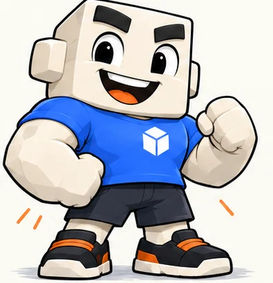 Cube, a cream-coloured cube-headed character in a blue T-shirt, charcoal shorts and orange-trimmed sneakers, flexing one arm