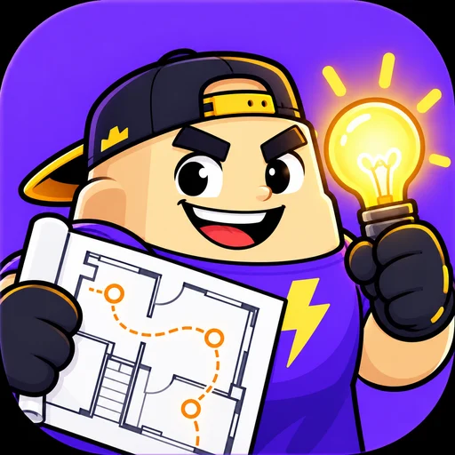 Cube in a backwards cap holding a glowing light bulb and a floor plan, the Get Lit! app icon